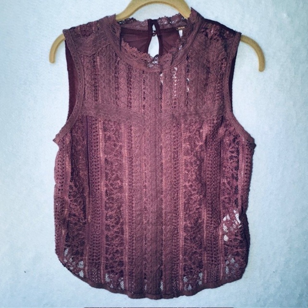 Free People Tea Party Top Burgundy Wine MED Womens Lace Sheer Peasant Boho NWT